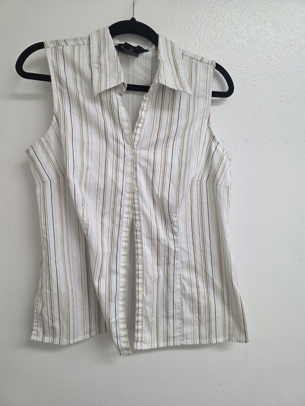 George Sleeveless Button-Down Top in White with Brown and Tan Stripes (0639)